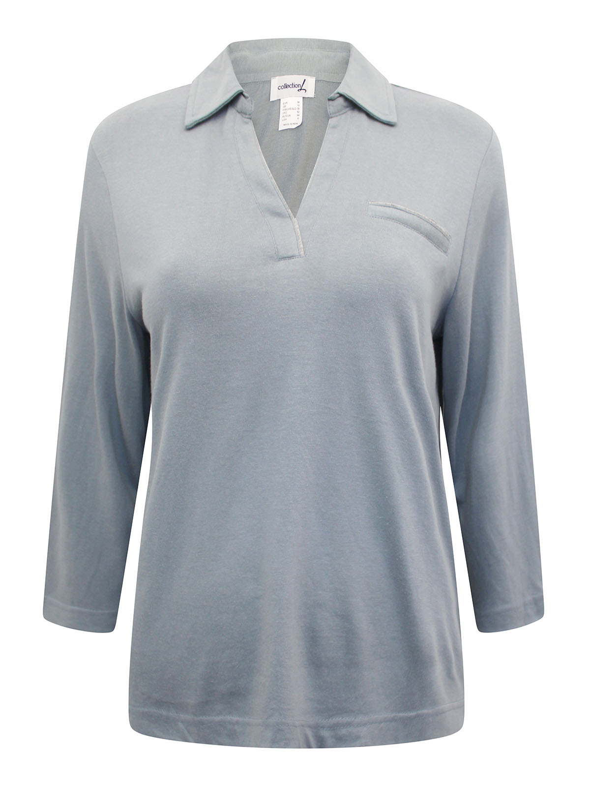Collection L - - DUSTY-BLUE Modal Blend 3/4 Sleeve Collared Top - Size ...