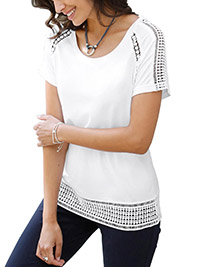 WHITE Embroidered Insert Short Sleeve Top - Size 10 to 26