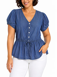BLUE Button Front Denim Peplum Top - Size 6/8 to 16 (S to XL)
