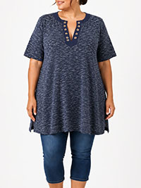 NAVY-BLUE Cotton Blend Spacedye Grommet Detail Notch Neck Top - Size 10/12 to 30/32 (S to 3XL)