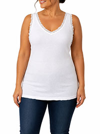 WHITE Pure Cotton Ribbed Lace Trim Vest - Plus Size 20 to 30 (EU 46 to 56)