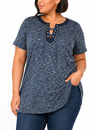 NAVY-BLUE Cotton Blend Short Sleeve Lace Up Top - Plus Size 18/20 to 30/32 (L to 3XL)