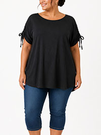 BLACK Cotton Jersey Ruched Sleeve Top - Plus Size 26 to 28