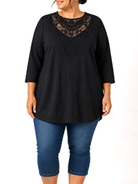 BLACK Pure Cotton Crochet Lace 3/4 Sleeve Top - Plus Size 26 to 30