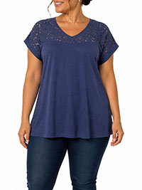 NAVY Pure Cotton Lace Insert Top - Plus Size 18 to 26