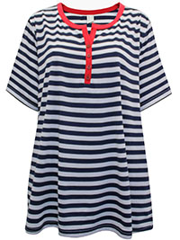 NAVY Striped Short Sleeve Henley Top - Plus Size 24