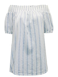 WHITE Pure Cotton Printed Bardot Top - Plus Size 14 to 18