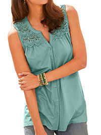 SEA-GREEN Crochet Detail Button Through Top - Plus Size 16 to 22