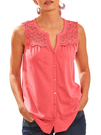 CORAL Crochet Detail Button Through Top - Plus Size 20 to 22 (EU 48 to 50)