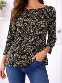 BLACK Pure Cotton Paisley Print 3/4 Sleeve Top - Plus Size 14 to 24 (S to 2X)