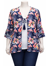 ULLAP NAVY Hibiscus Print Crochet Back Kimono Shrug - Plus Size 16/18 to 40/42 (US 12/14 to 36/38)