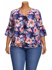 ULLAP NAVY Hibiscus Print Crochet Back Kimono Shrug - Plus Size 16/18 to 40/42 (US 12/14 to 36/38)