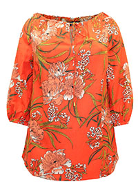 ORANGE Floral Tie Neck Linen Top - Size 10 to 32