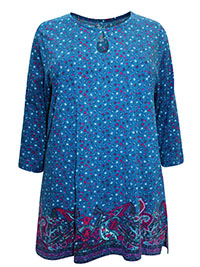 ULLAP TEAL Pure Cotton Border Print Keyhole Tunic - Plus Size 28/30 to 40/42 ULLAP TEAL Pure Cotton Border Print Keyhole Tunic - Plus Size 28/30 to 40/42