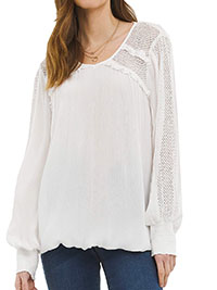 WHITE Embroidered Insert Crinkle Shirred Cuff Top - Plus Size 12 to 20