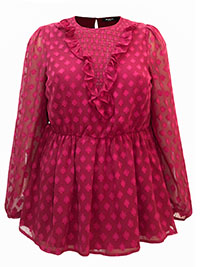 WINE Frill Detail Sheer Sleeve Peplum Blouse - Size 10 to 28