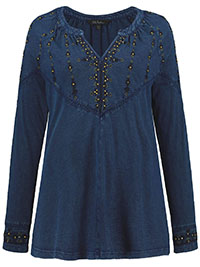 ULLAP DENIM-BLUE Boho Sequin Embroidered Round Notch Neckp - Plus Size 16/18 to 36/38 (US 12/14 to 32/34)