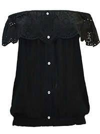 BLACK Broderie Bardot Button Front Top - Plus Size 12 to 16