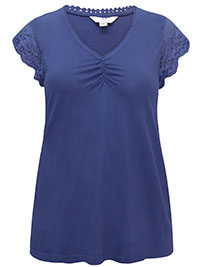 NAVY Broderie Sleeve Cotton Jersey Top - Plus Size 16 to 18
