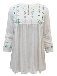 ULLAP ECRU Embroidered Yoke Crochet Trim A-line Cotton Top - Plus Size 24/26 to 28/30