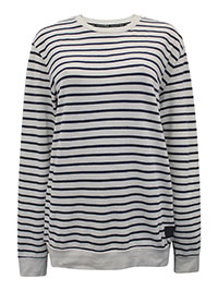 MoP CREAM NAVY Pure Cotton Banded Trim Striped Long Sleeve Top - Size 10 to 18 (S to 2XL)