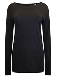 MoP BLACK Cotton Jersey Long Sleeve Raw Trim T-Shirt - Size 8 to 16 (XS to XL)