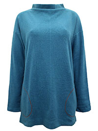 WS TEAL Pure Cotton Contrast Stitch High Neck Top - Size 10