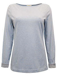 WS SKY-BLUE Pure Cotton Contrast Cuff Striped Long Sleeve Top - Size 10 to 22