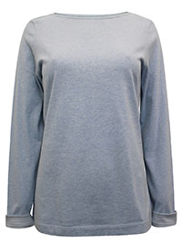 WS BLUE-MARL Pure Cotton Contrast Cuff Long Sleeve Top - Size 8 to 22