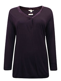 WS PLUM Pure Cotton Satin Trim Long Sleeve Top - Size 12 to 14