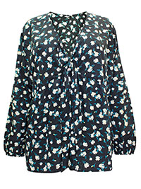 BLACK Floral Print Bow Front Long Sleeve Top - Plus Size 32