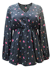 BLACK Ditsy Floral Long Sleeve Blouse - Size 10 to 24