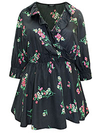 BLACK Floral Print Wrap Frill Peplum Top - Plus Size 12 to 20