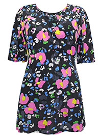 BLACK Animal Print Angel Sleeve Crinkle Top - Plus Size 14 to 32