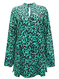 GREEN Animal Print Keyhole Detail Fluted Cuff Top - Size 10 to 12
