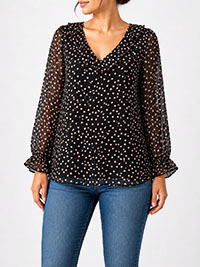BLACK Spot Print Ruffle Detail Blouse - Size 8 to 16