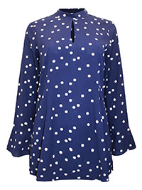 NAVY Polka Dot Keyhole Detail Fluted Cuff Top - Size 10