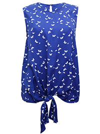 BLUE Butterfly Print Tie Front Woven Top - Plus Size 12 to 24 BLUE Butterfly Print Tie Front Woven Top - Plus Size 12 to 24