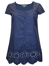 FF HARBOUR-BLUE Button Through Broderie Blouse - Size 10 to 16