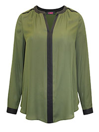 KHAKI Contrast Trim Woven Notch Neck Blouse - Plus Size 16 to 22