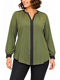 KHAKI Contrast Trim Woven Notch Neck Blouse - Plus Size 16 to 22