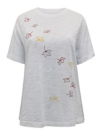 WHITE Pure Cotton Scattered Leaf Print Top - Size 8 to 12 (XS to M)