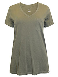 KHAKI Pure Cotton V-Neck Pocket Detail T-Shirt - Size 10 to 16/18 (S to XL)
