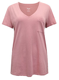 PINK Pure Cotton V-Neck Pocket Detail T-Shirt - Size 12 to 16/18 (M to XL)