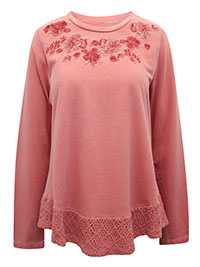 PINK Pure Cotton Embroidered Yoke Crochet Hem Top - Size 12 to 20/22 (M to 2X)