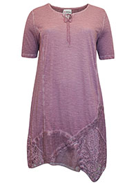 DARK-MAUVE Pure Cotton Short Sleeve Patchwork Tunic - Plus Size 20 to 26
