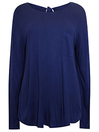 MoP DEEP-BLUE Tie Back Pocket Detail Long Sleeve Jersey Top - Size 10 to 14 (S to L)