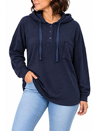 MoP NAVY Pure Cotton Curved Hem Hooded Top - Size 8 to 16 (XS to XL)
