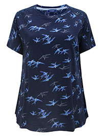 NAVY Linen Blend Bird Print Broderie T-Shirt - Size 14 to 16