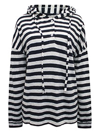 MoP NAVY Pure Cotton Half Button Striped Hoodie - Size 8 to 14 (XS to L)